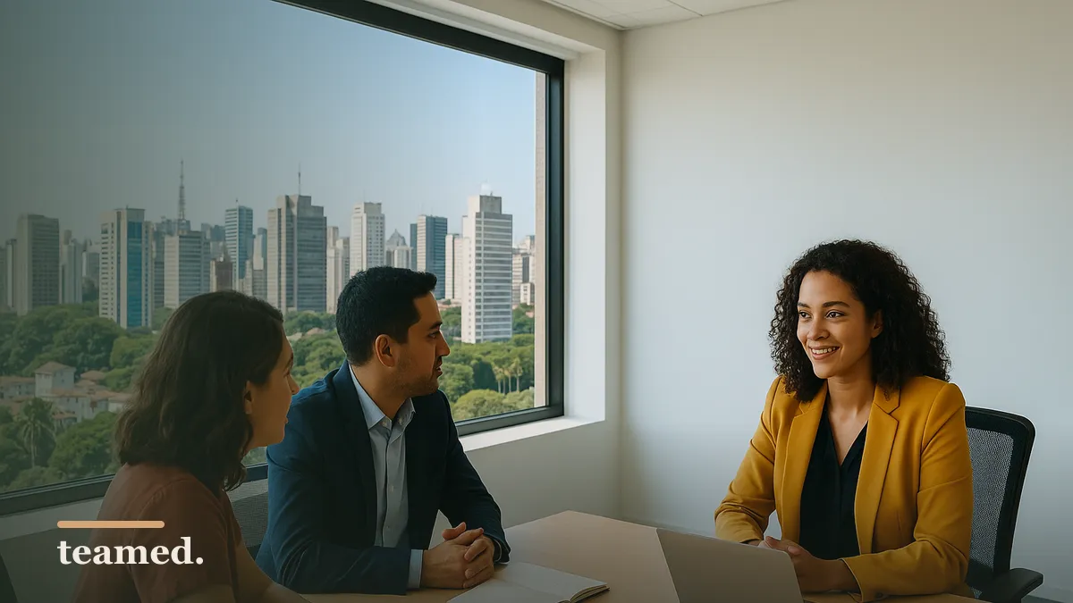 A dynamic office scene representing collaboration and compliance in Brazil's evolving mid-market landscape.