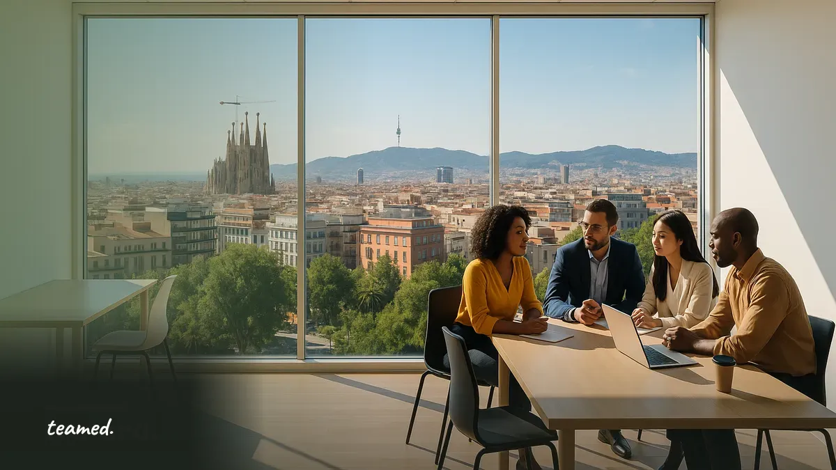 A vibrant office scene in Barcelona highlights collaboration and innovation, relevant to exploring compliant employment solutions.