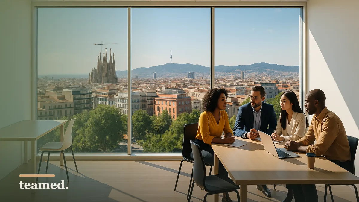 A vibrant office scene in Barcelona highlights collaboration and innovation, relevant to exploring compliant employment solutions.