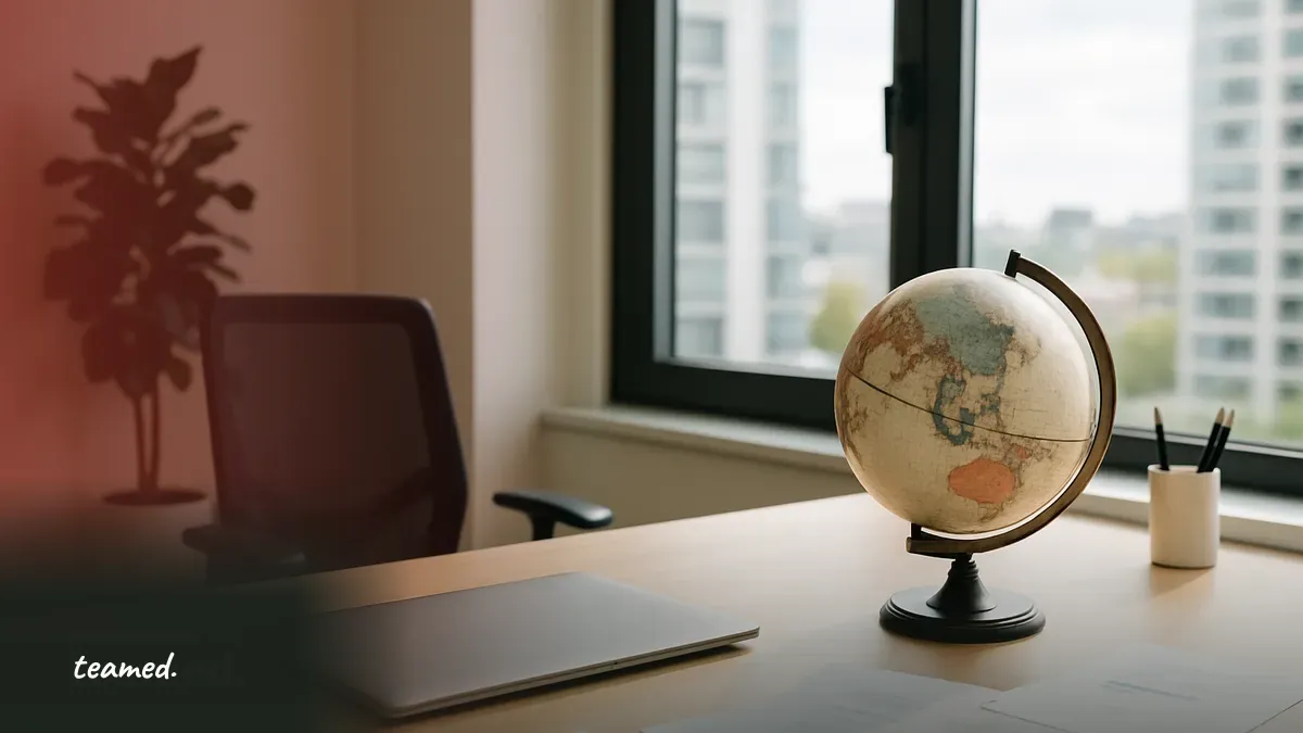 A modern office scene with a tidy desk and globe, representing the transition from contractor to employee, relevant to the article topic.