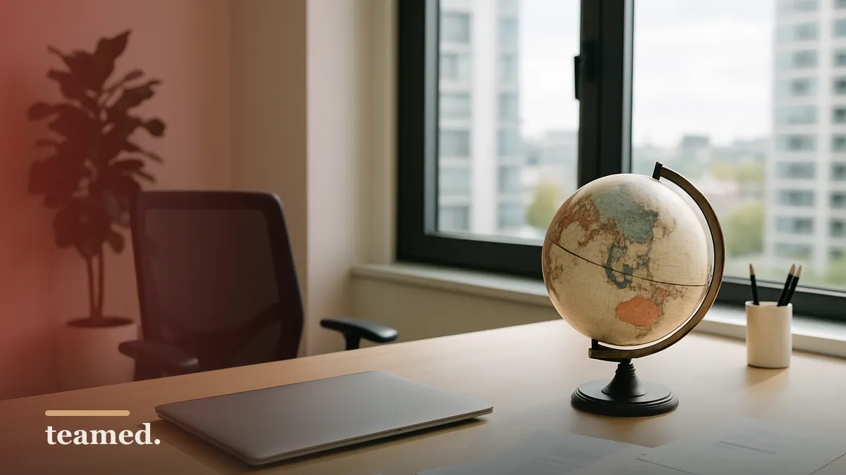 A modern office scene with a tidy desk and globe, representing the transition from contractor to employee, relevant to the article topic.