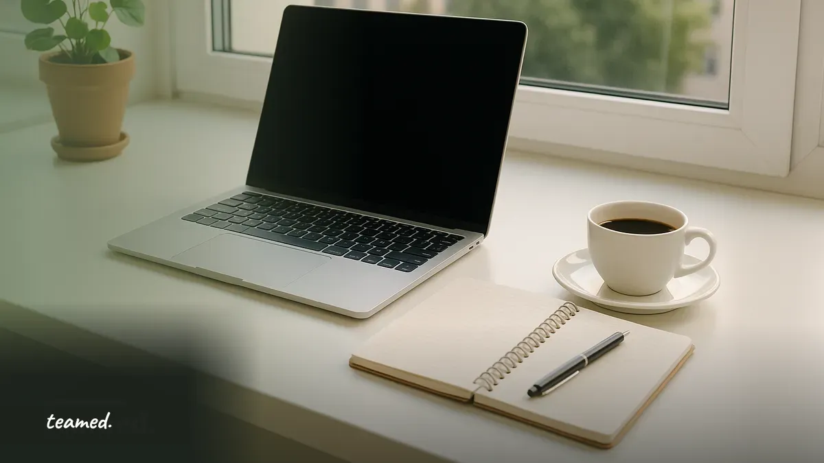 A clean freelancer workspace with laptop and coffee, evoking contractor of record.