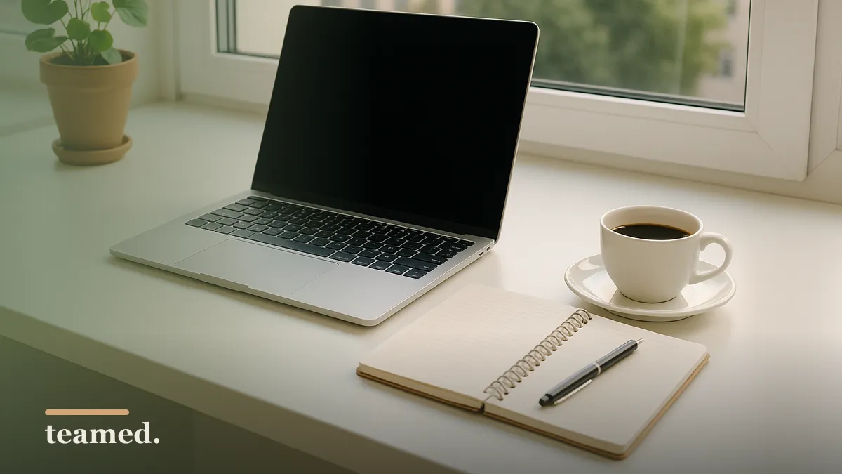A clean freelancer workspace with laptop and coffee, evoking contractor of record.