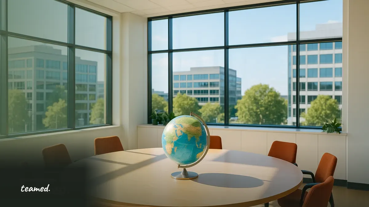 A bright meeting room showcasing a globe, representing the global aspect of contractor to employee conversion and compliance.