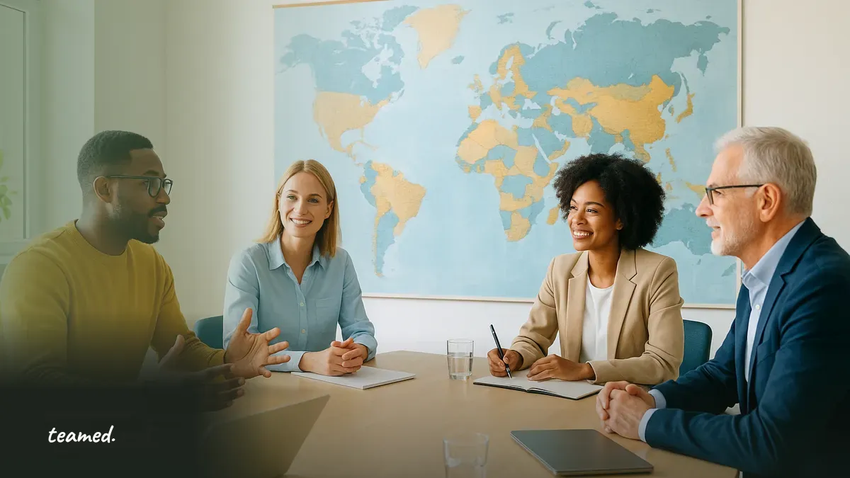 A diverse group of professionals collaborates in a modern meeting room, emphasizing the importance of training for HR and managers in a global context.
