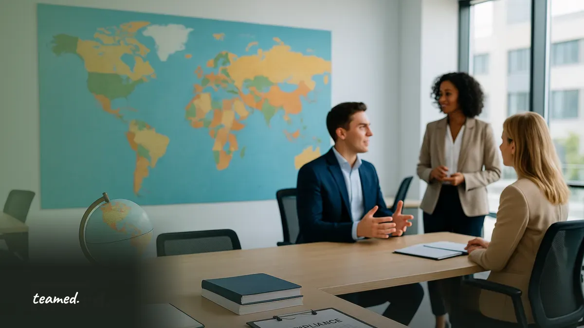 A clean and vibrant office scene illustrating global compliance discussions, relevant to the cost of compliance in international contexts.