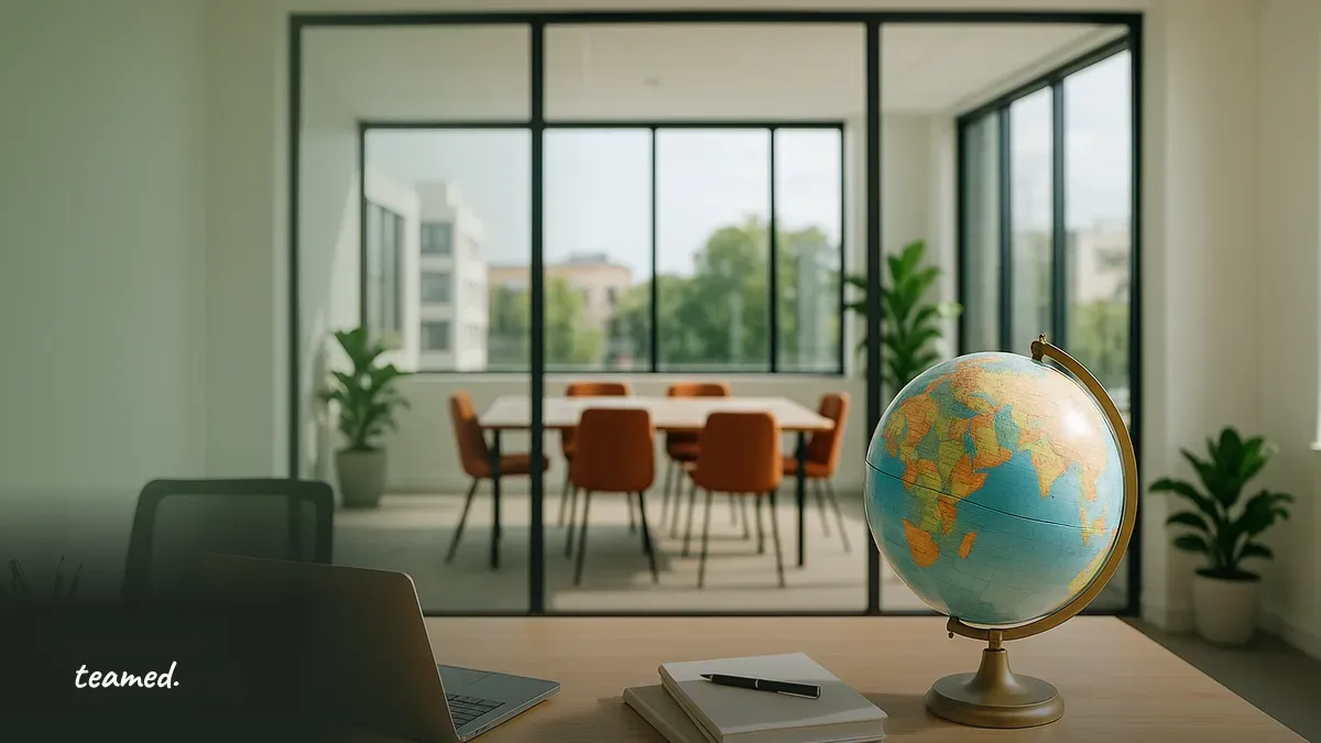 A bright office scene showcasing a globe and a clean desk, emphasizing the global nature of hiring and employment.