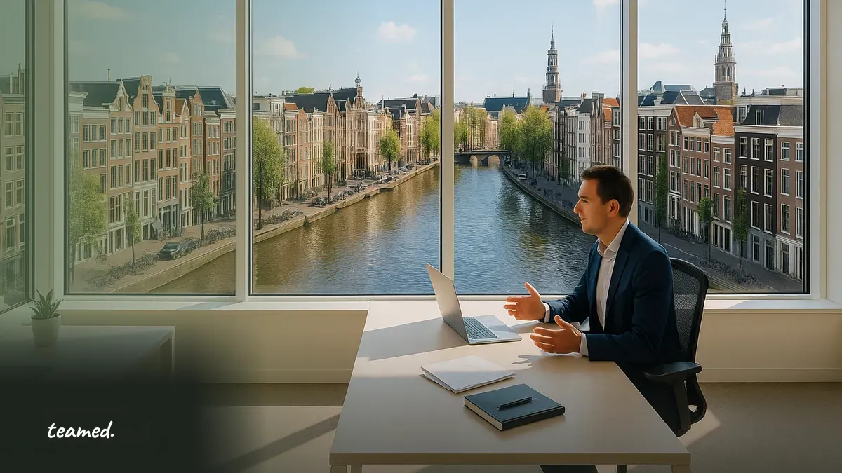 A modern office scene in Amsterdam emphasizing collaboration, relevant to establishing a Netherlands entity.