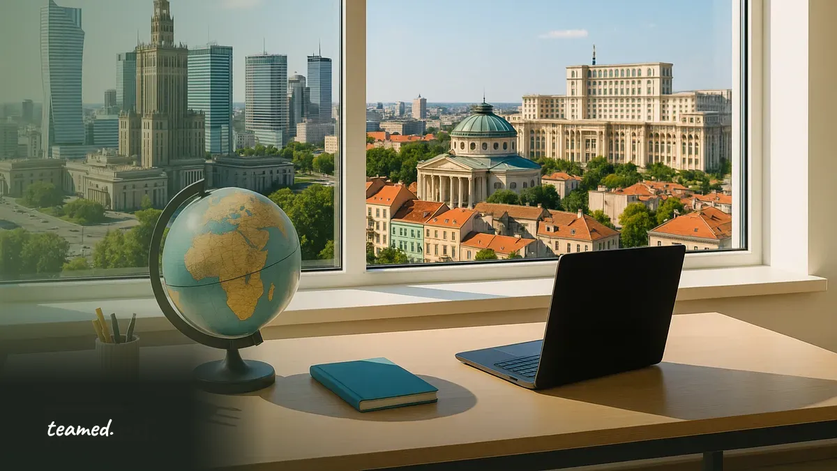 A clean office scene contrasting the two countries' landscapes highlights the global nature of employment data.