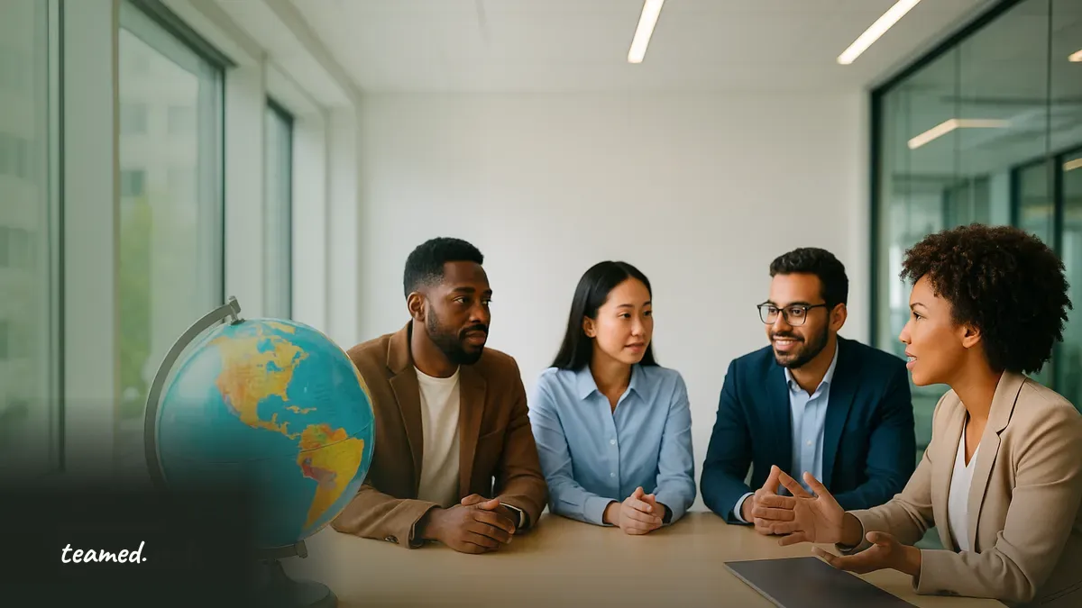 A diverse team collaborates in a bright office, symbolizing global payroll compliance in the defense sector.