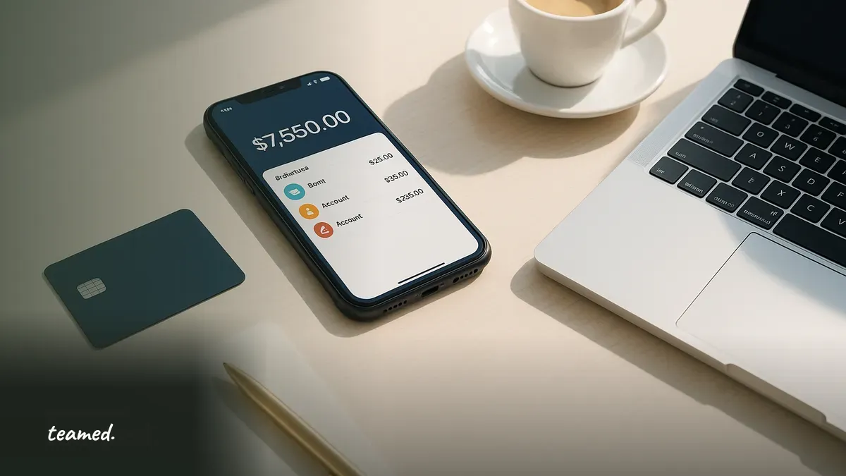 A sleek fintech desk with a banking app on a phone, evoking digital banking for mid-market teams.