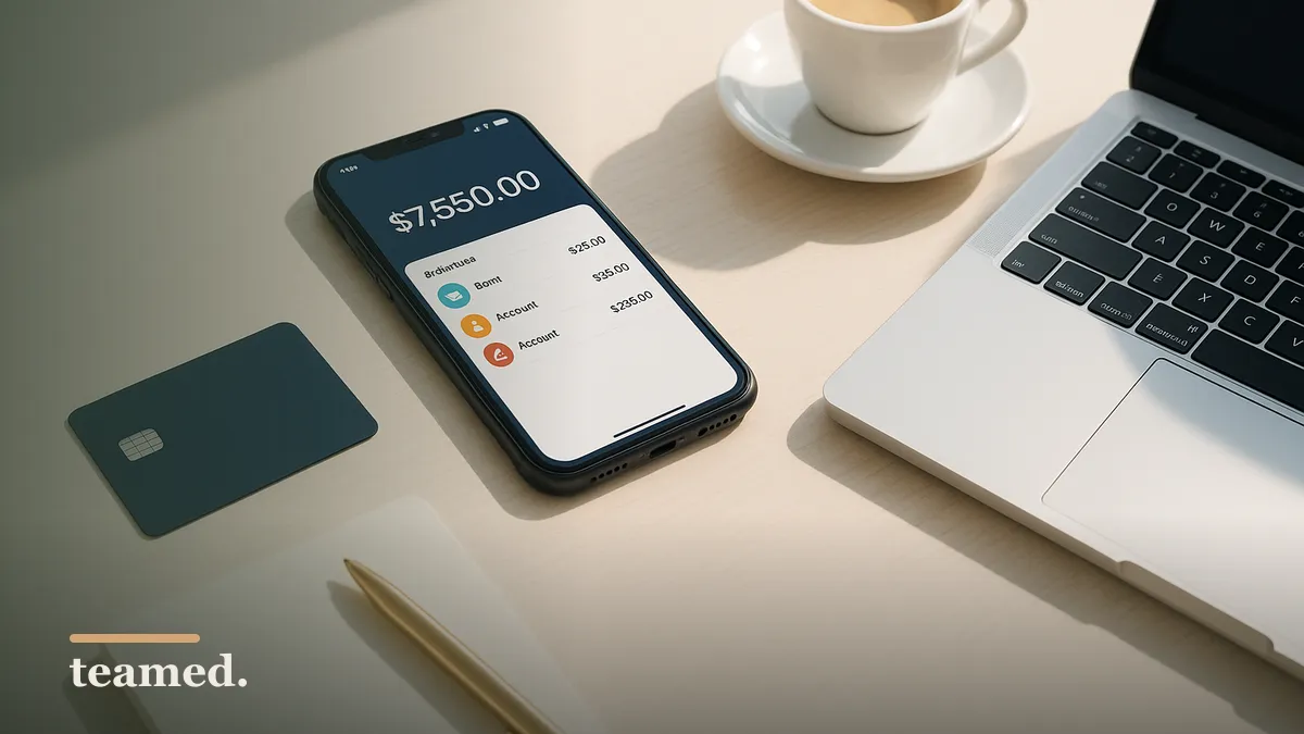 A sleek fintech desk with a banking app on a phone, evoking digital banking for mid-market teams.