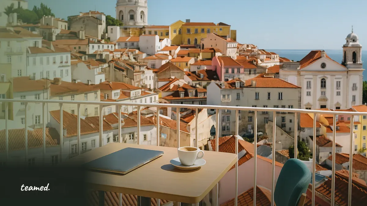 A vibrant café scene in Lisbon, symbolizing the future of digital banking and innovation in Portugal.