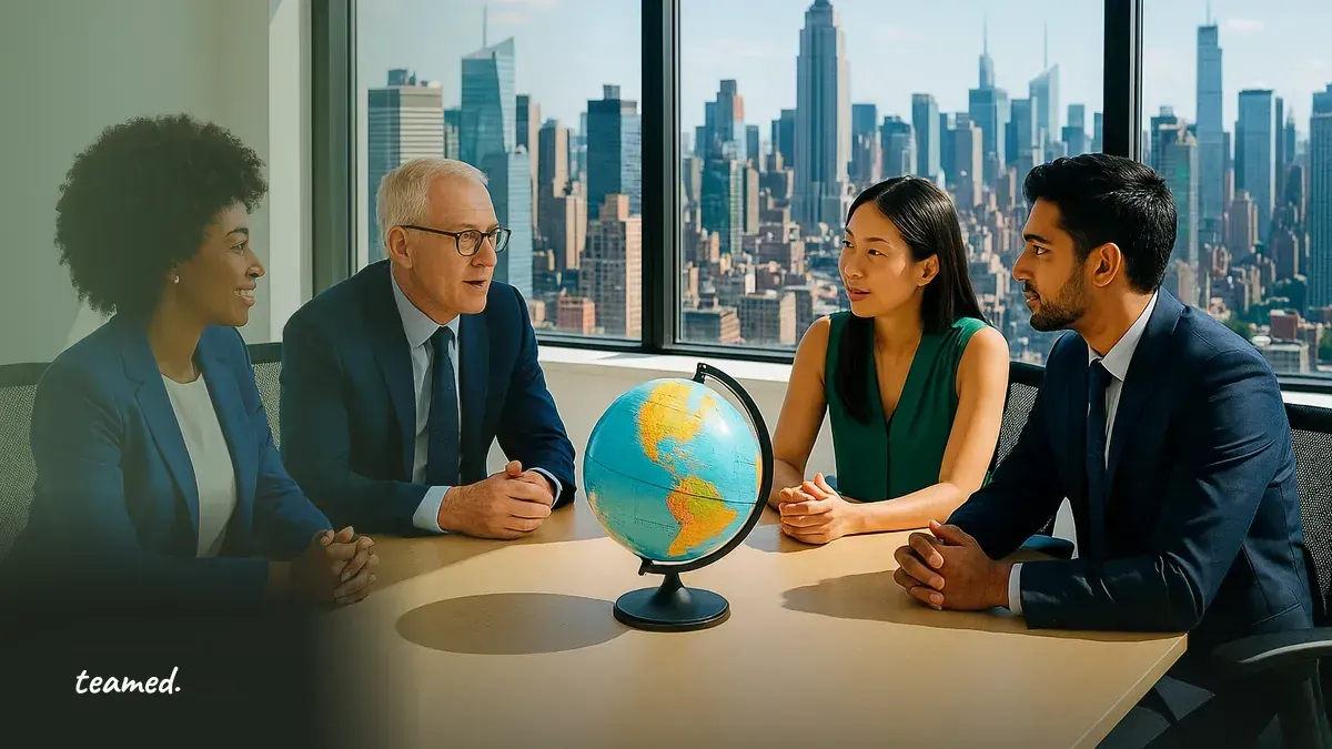 A collaborative meeting scene emphasizing global employment discussions, relevant to EOR compliance.