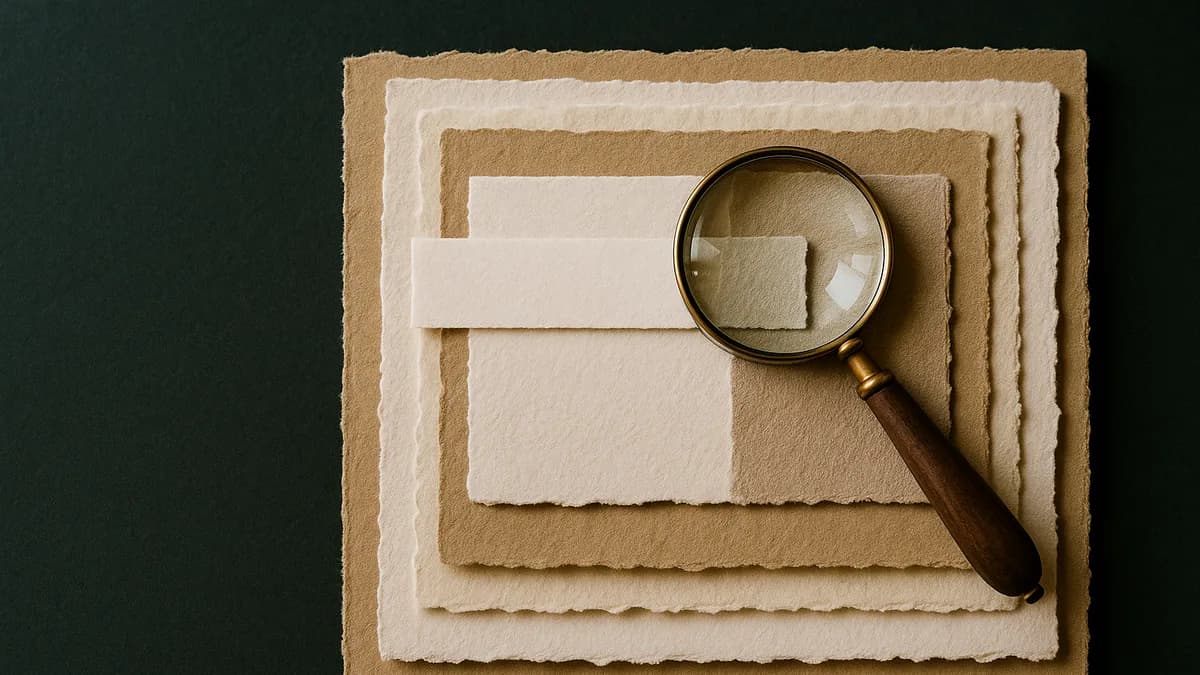 A narrow cream strip on a much larger layered paper stack with a magnifying glass, payroll as one layer of employment compliance.