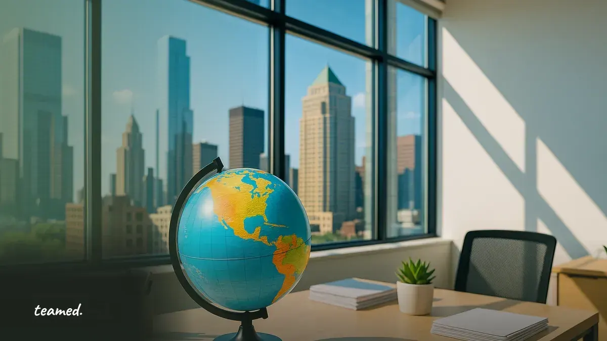 A clean office scene representing global employment strategies, highlighting the importance of navigating payroll taxes across borders.