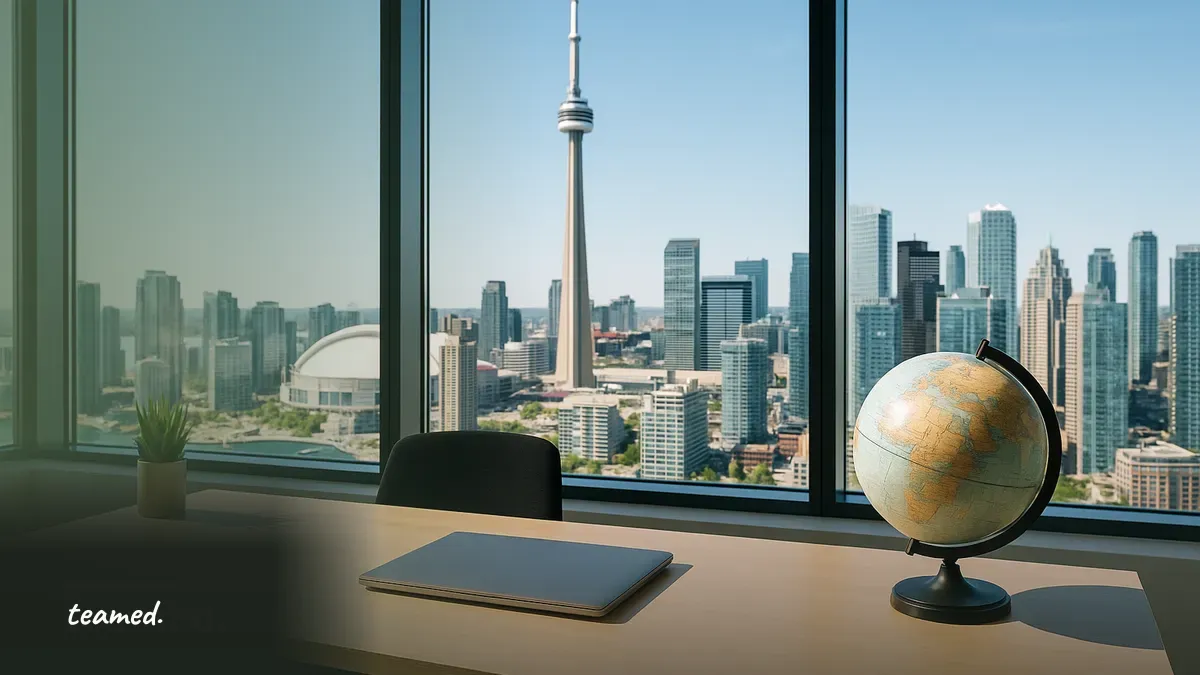 A modern office scene with a view of Toronto, representing global employment solutions for US businesses.