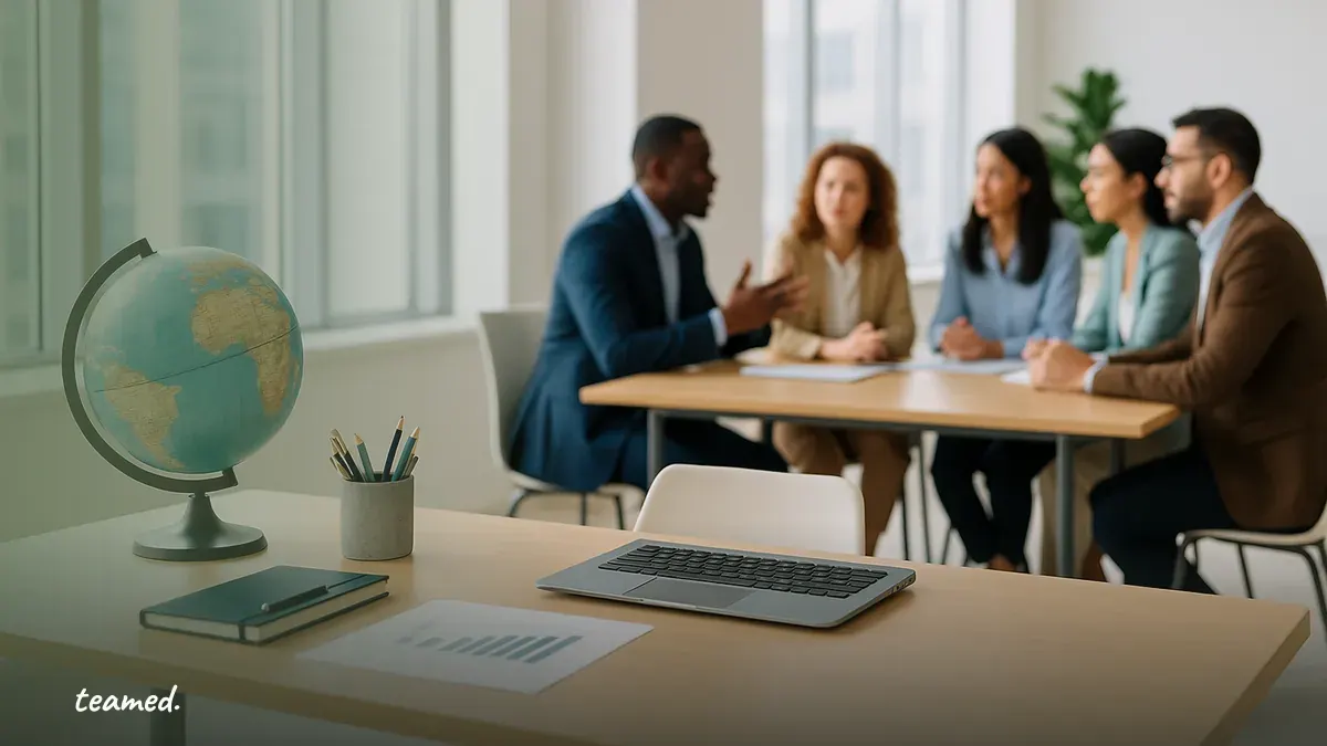 A vibrant office scene illustrating global collaboration, relevant to the Employer of Record topic.