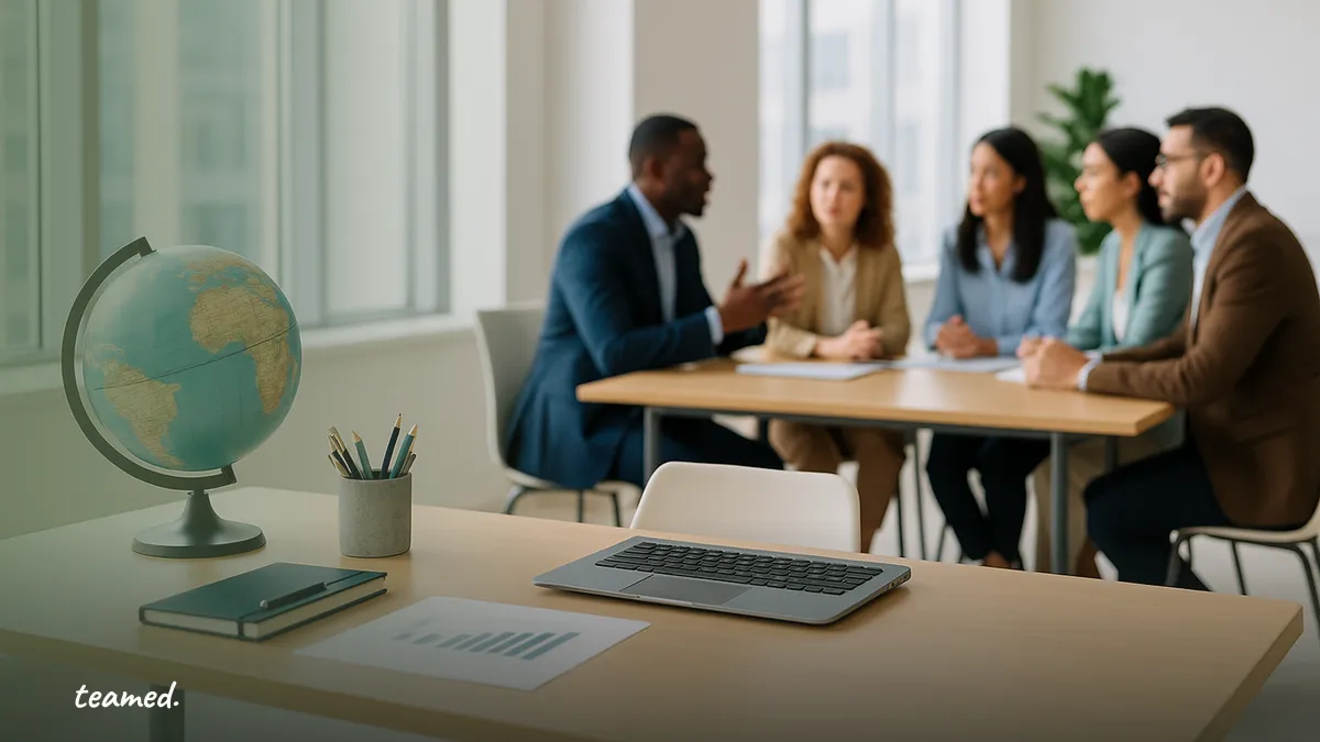 A vibrant office scene illustrating global collaboration, relevant to the Employer of Record topic.