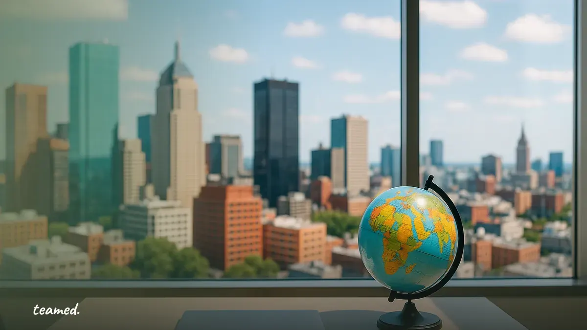 A modern office scene symbolizes global employment solutions, highlighting the concept of remote teams without entities.
