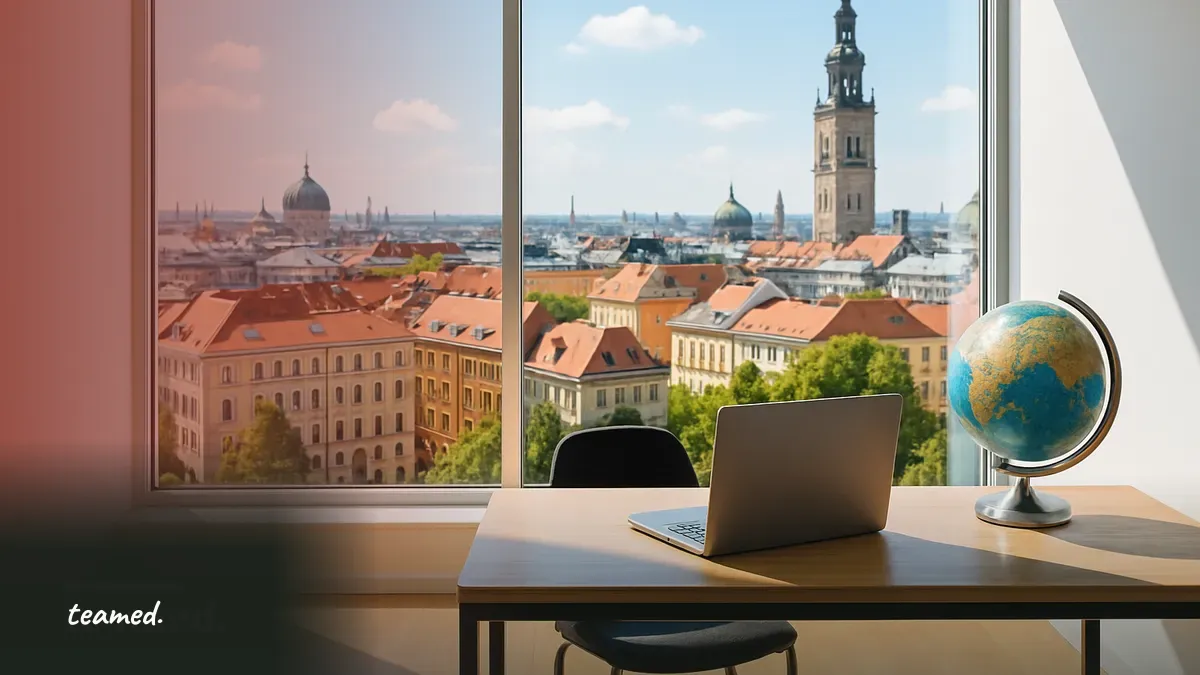 A modern office with a cityscape view, representing global employment solutions in Europe.