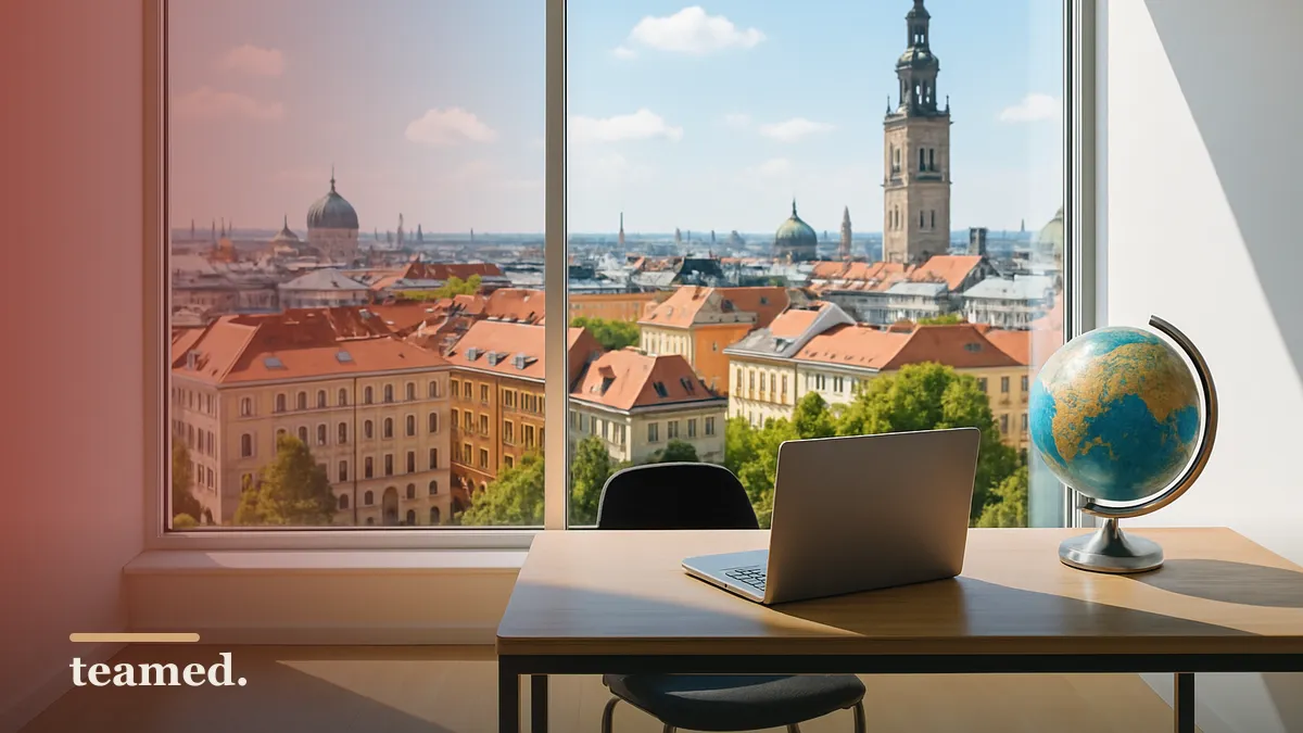 A modern office with a cityscape view, representing global employment solutions in Europe.