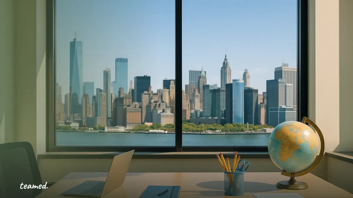 A clean, modern office scene with a globe symbolizes global employment, relevant to the EOR topic.