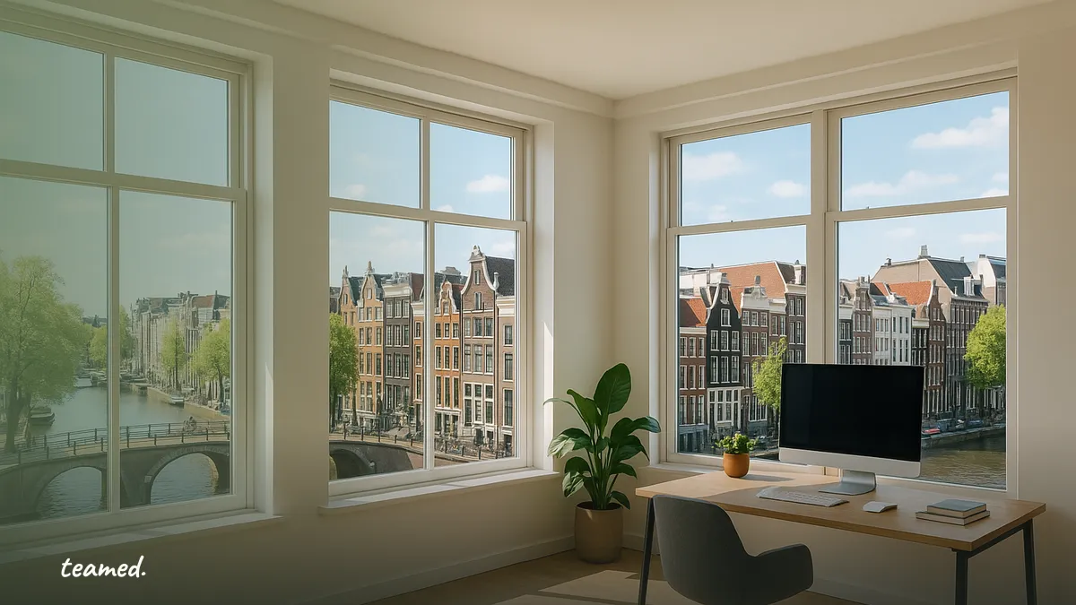 A vibrant office in Amsterdam symbolizes global employment opportunities, relevant to Teamed's services.