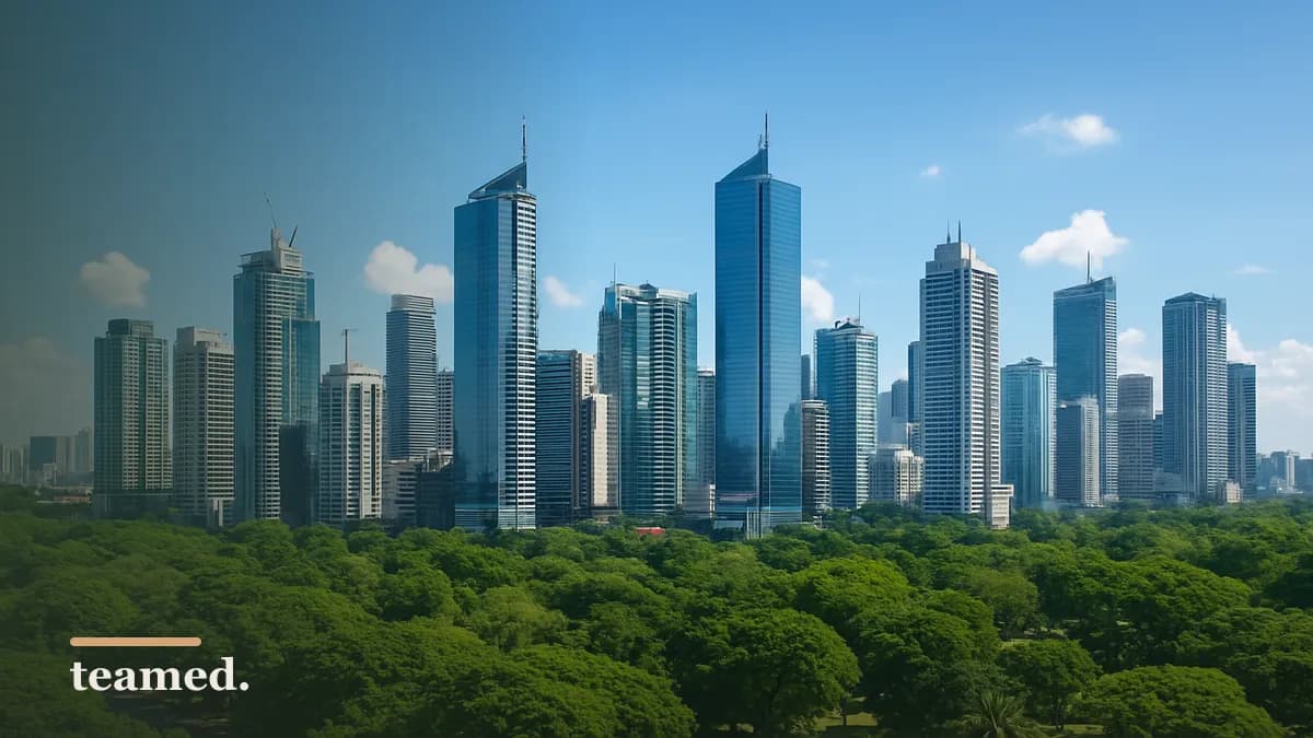 A panoramic view of Manila's skyline with greenery, symbolizing the global employment opportunities in the Philippines.