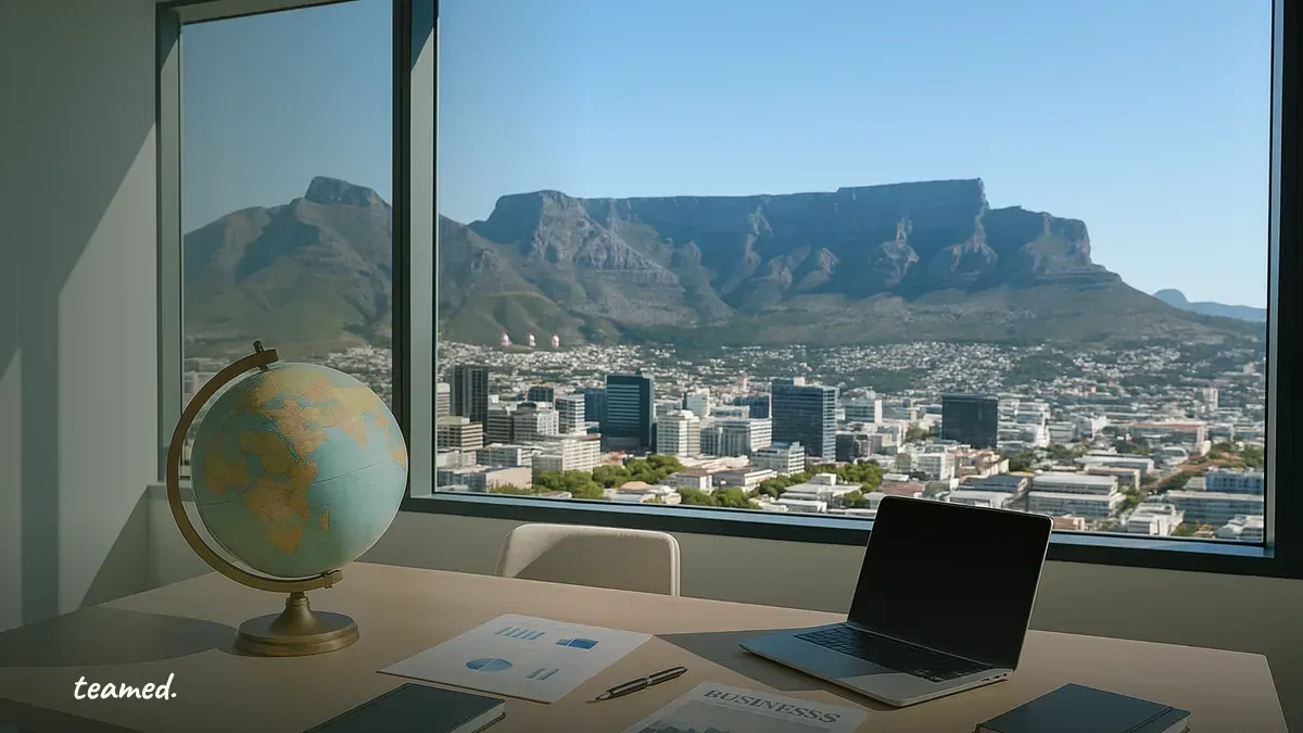 A lively urban scene highlighting the beauty of Cape Town, symbolizing global employment opportunities.