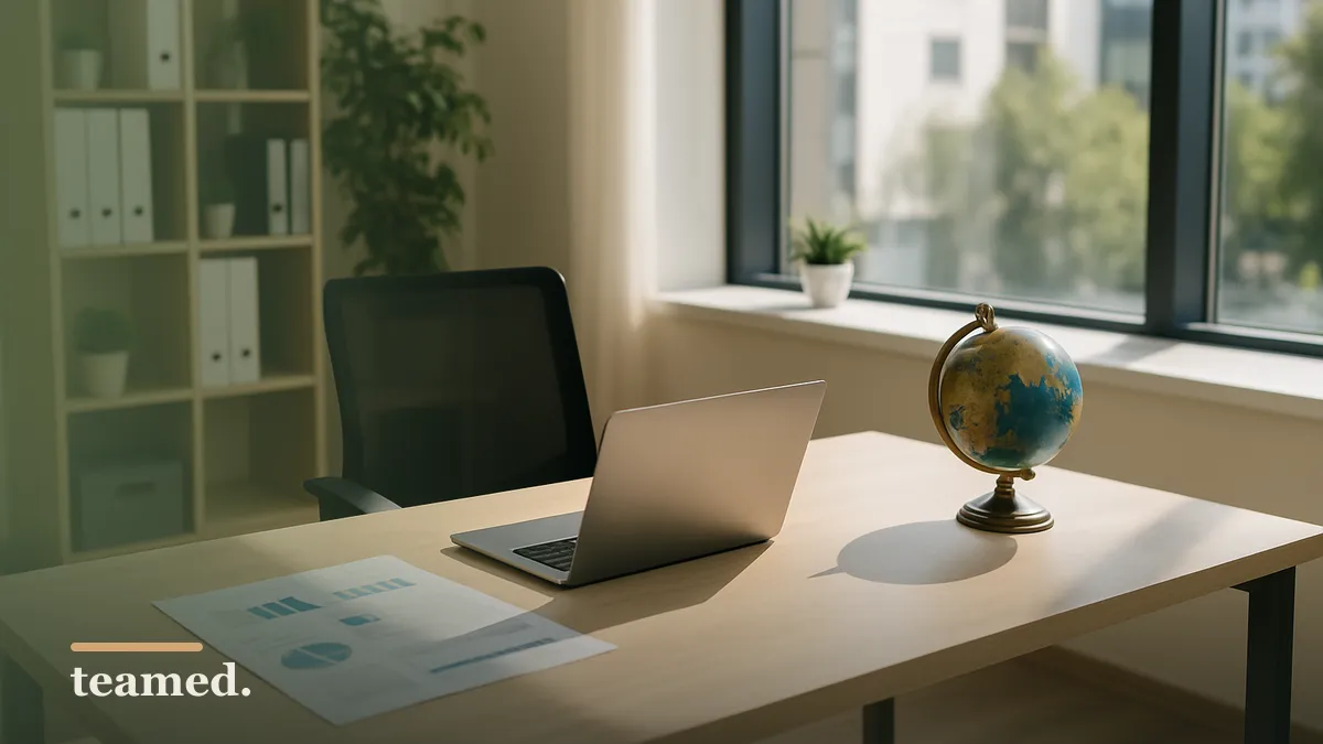 A clean office space with a desk and globe, symbolizing global employment and business operations.