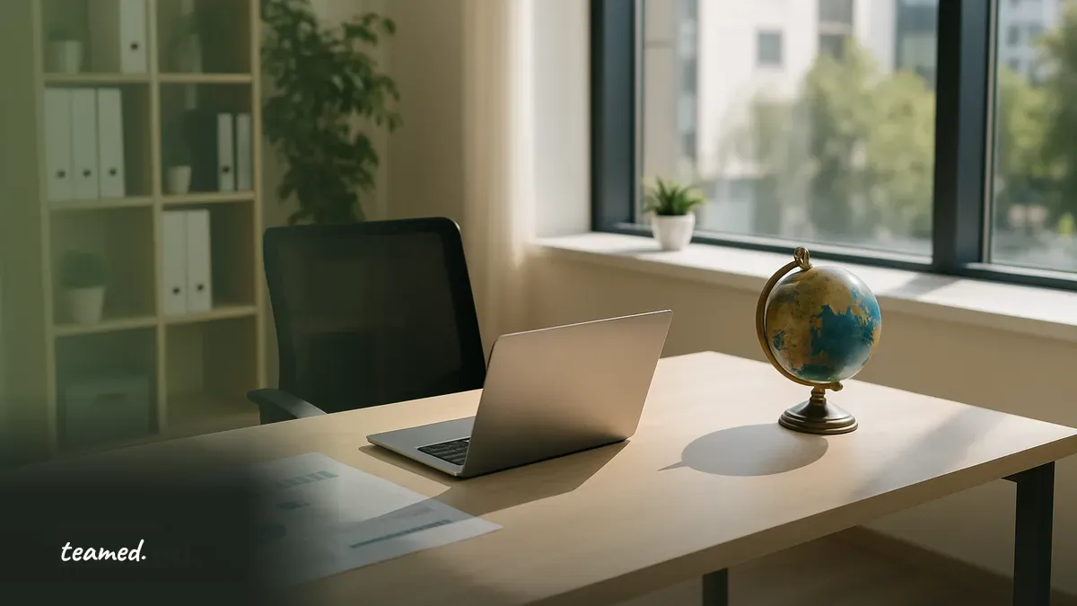 A clean office space with a desk and globe, symbolizing global employment and business operations.