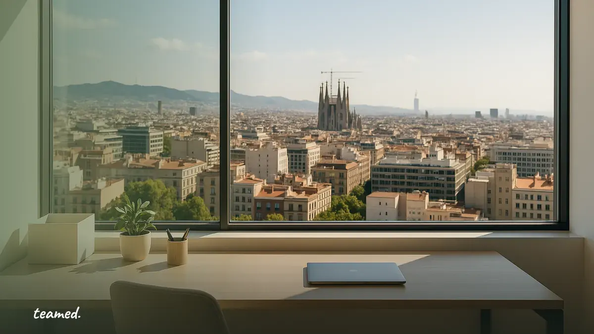 A modern office with a view of Barcelona, illustrating the global employment landscape relevant to the article.