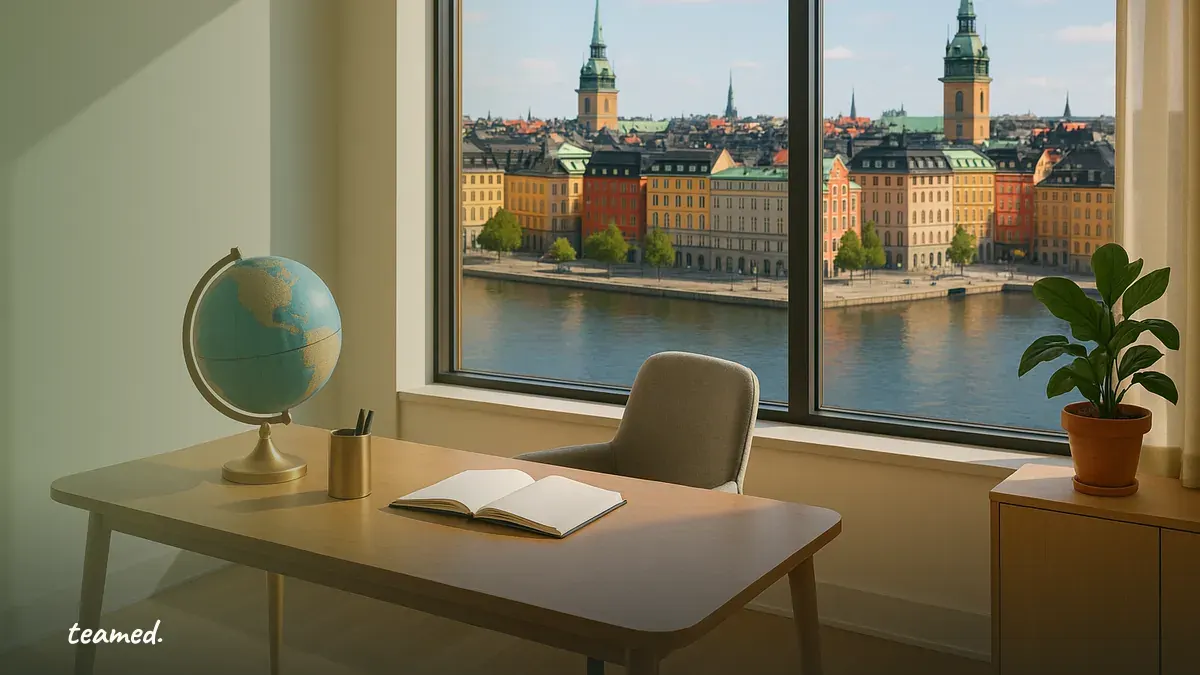 A clean office scene with a globe symbolizes global employment solutions, relevant to the article on costs and pricing in Sweden.