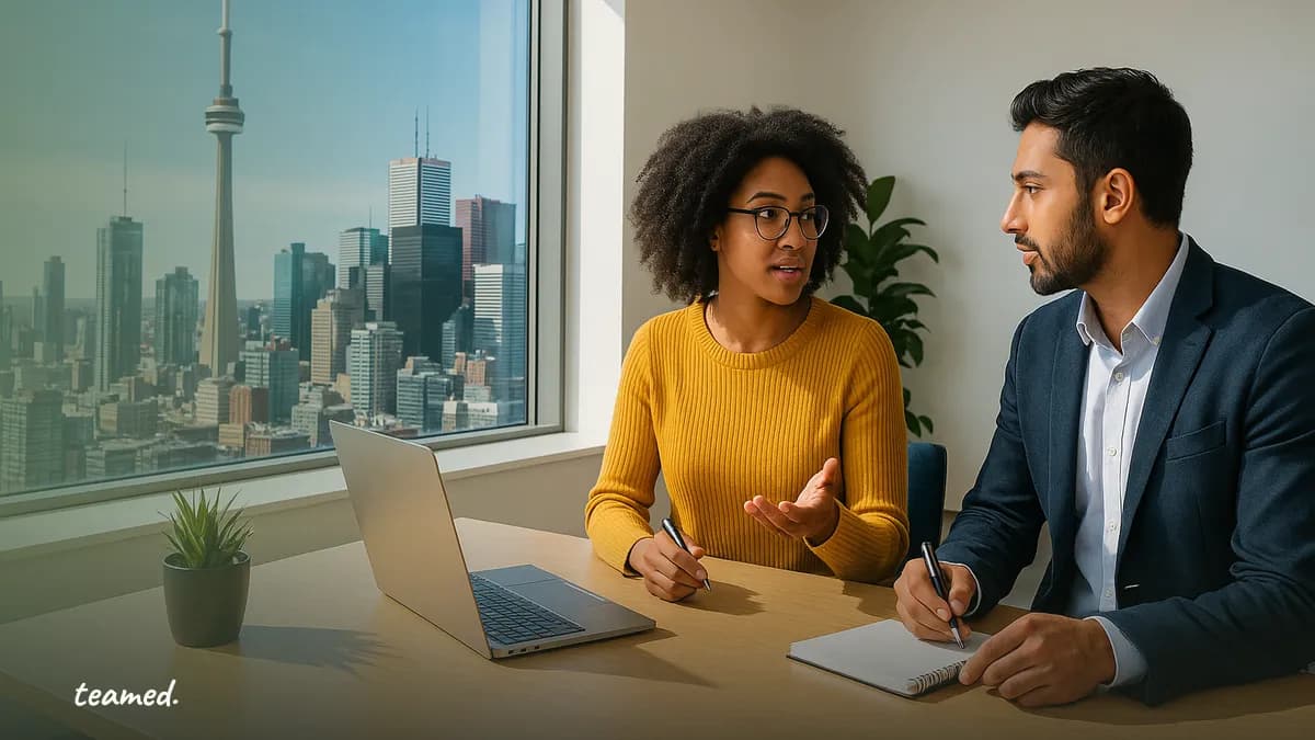 A dynamic office scene with a view of Toronto, representing the evolving landscape of global employment.