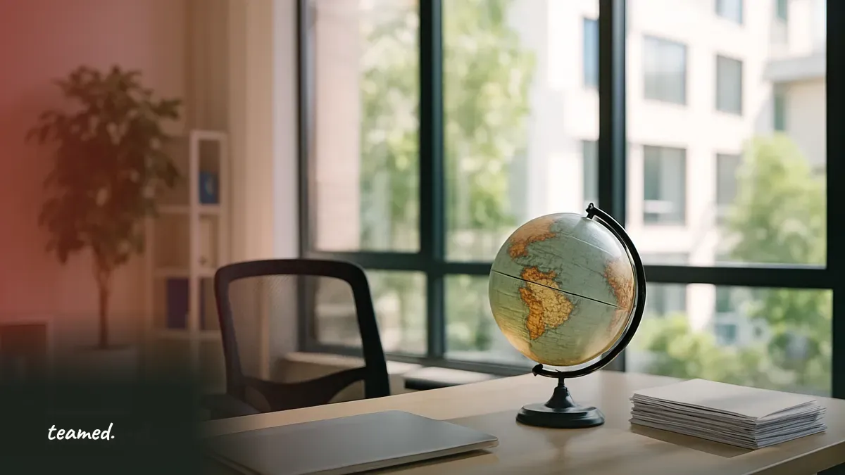 A modern office scene with a closed laptop and a globe, symbolizing global employment and HR concepts.