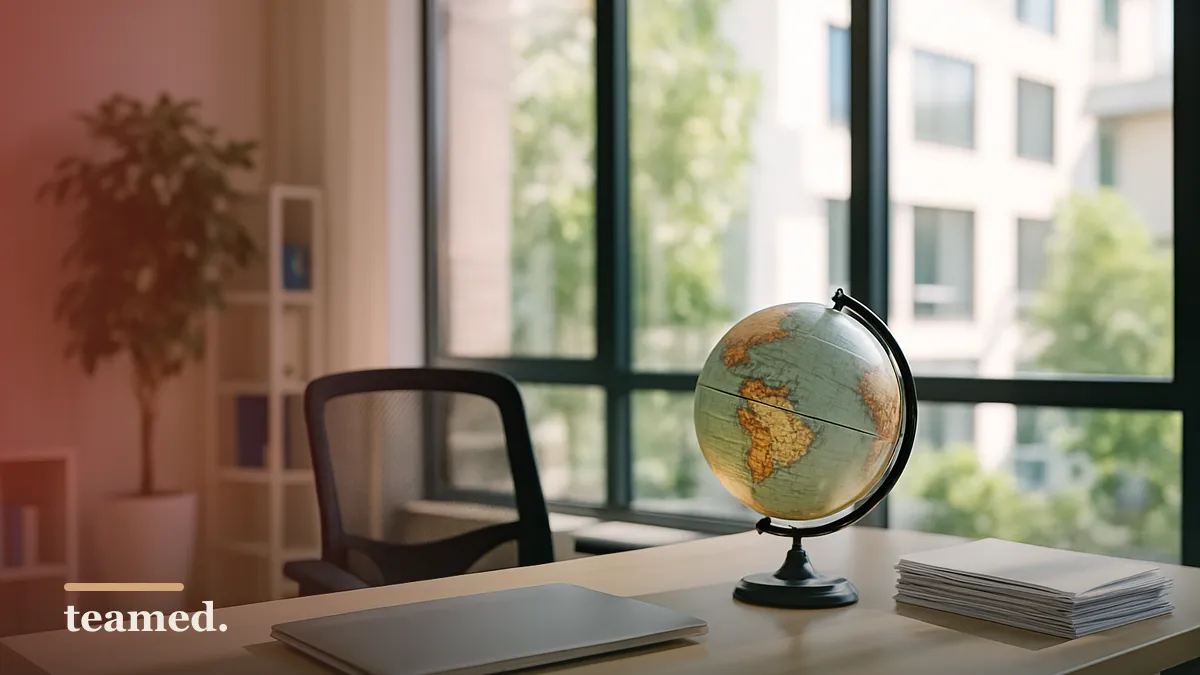 A modern office scene with a closed laptop and a globe, symbolizing global employment and HR concepts.