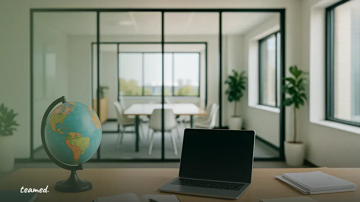 A clean office scene representing global employment dynamics, illustrating the differences in payroll management.