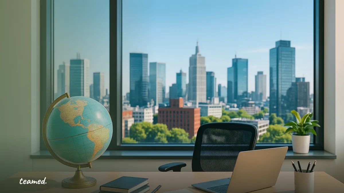 A clean and organized workspace represents global employment and the differences in hiring approaches.