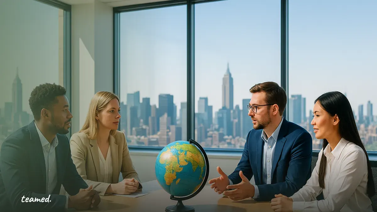 A bright office scene illustrating collaboration and global connections, relevant to employment differences.