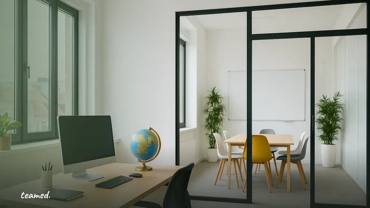 A bright office scene illustrating organization and global connections, relevant to employment contracts.