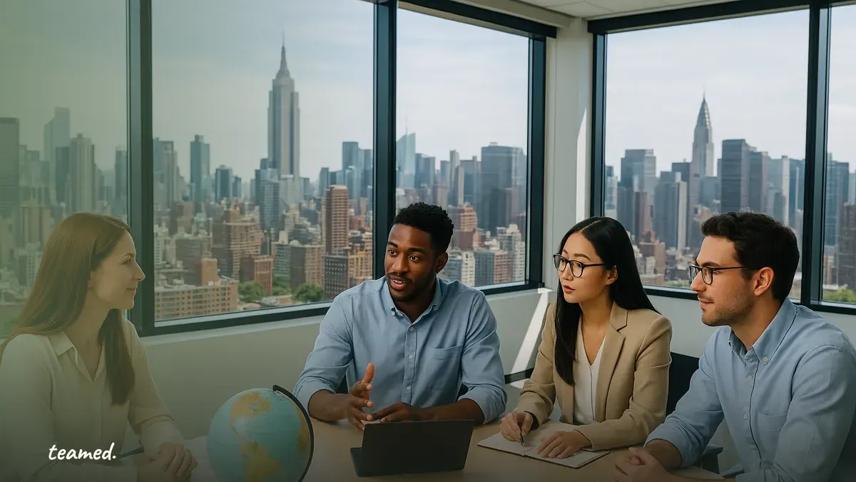 A vibrant office scene symbolizing global collaboration and enterprise growth, relevant to expanding sales across borders.