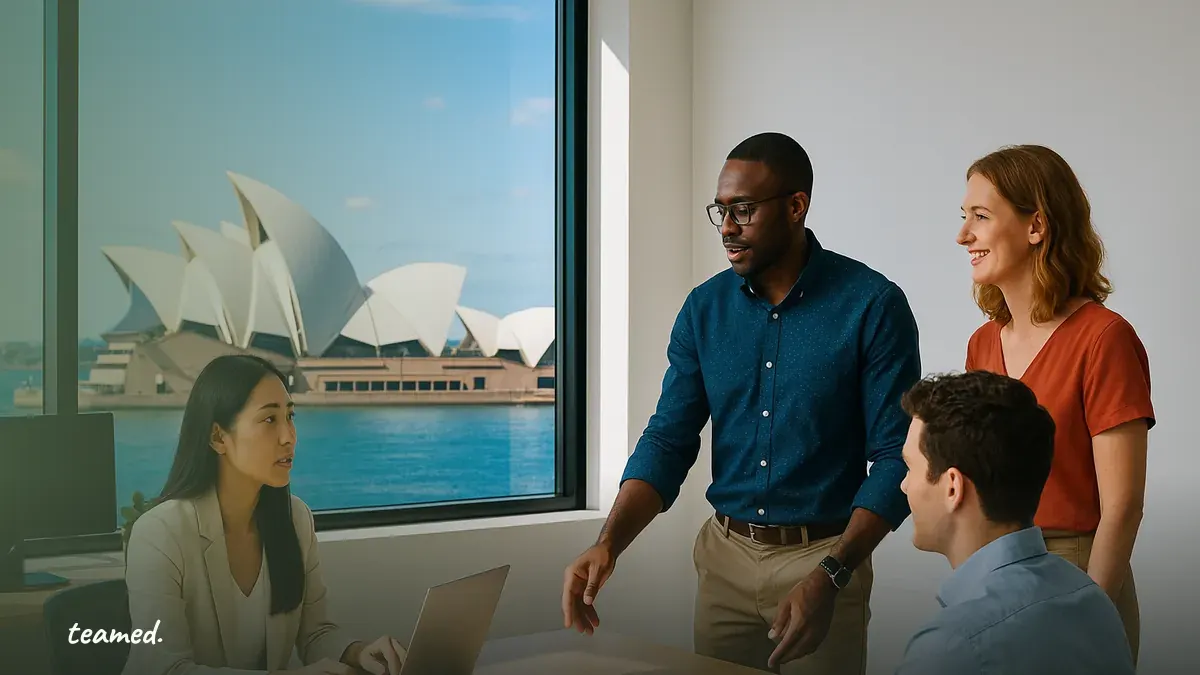 A collaborative office scene emphasizes the importance of understanding employment structures in Australia.