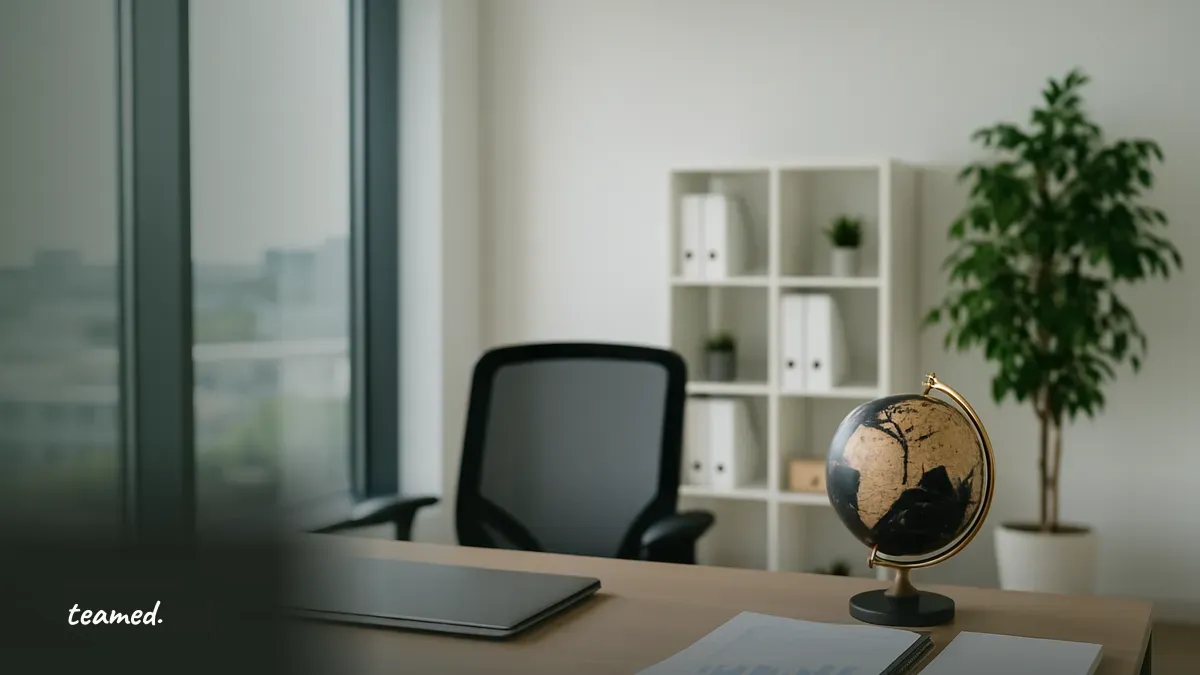 A bright office space with a tidy desk and globe, symbolizing global payroll solutions for staffing companies.