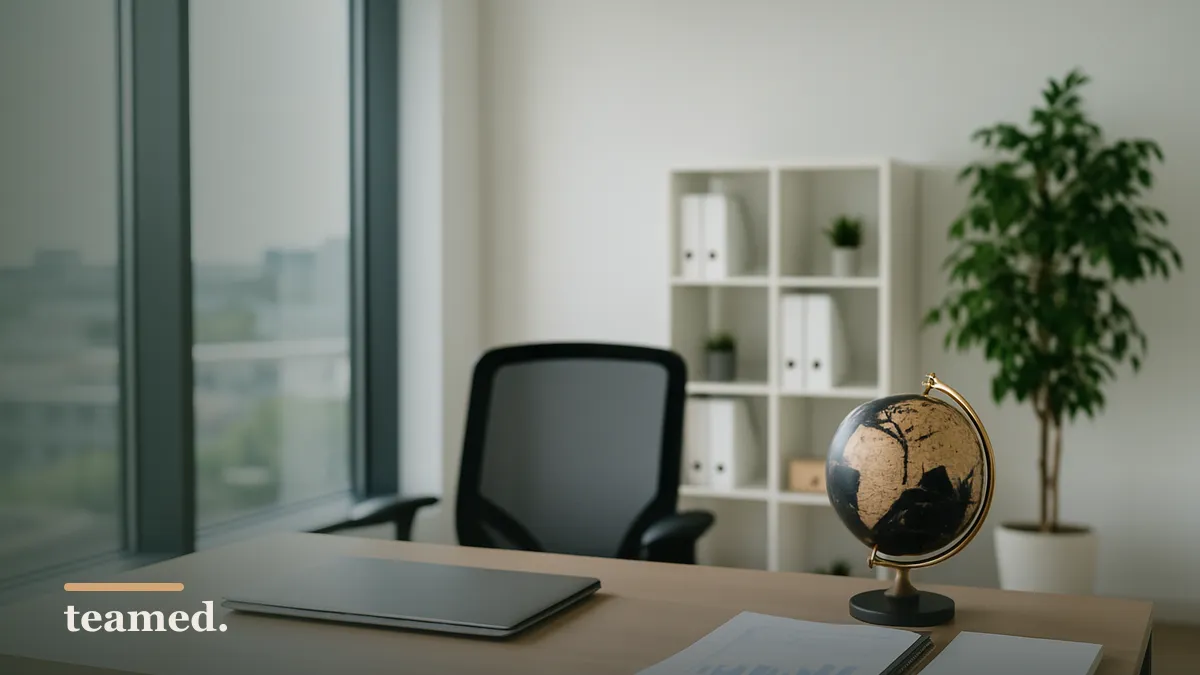 A bright office space with a tidy desk and globe, symbolizing global payroll solutions for staffing companies.