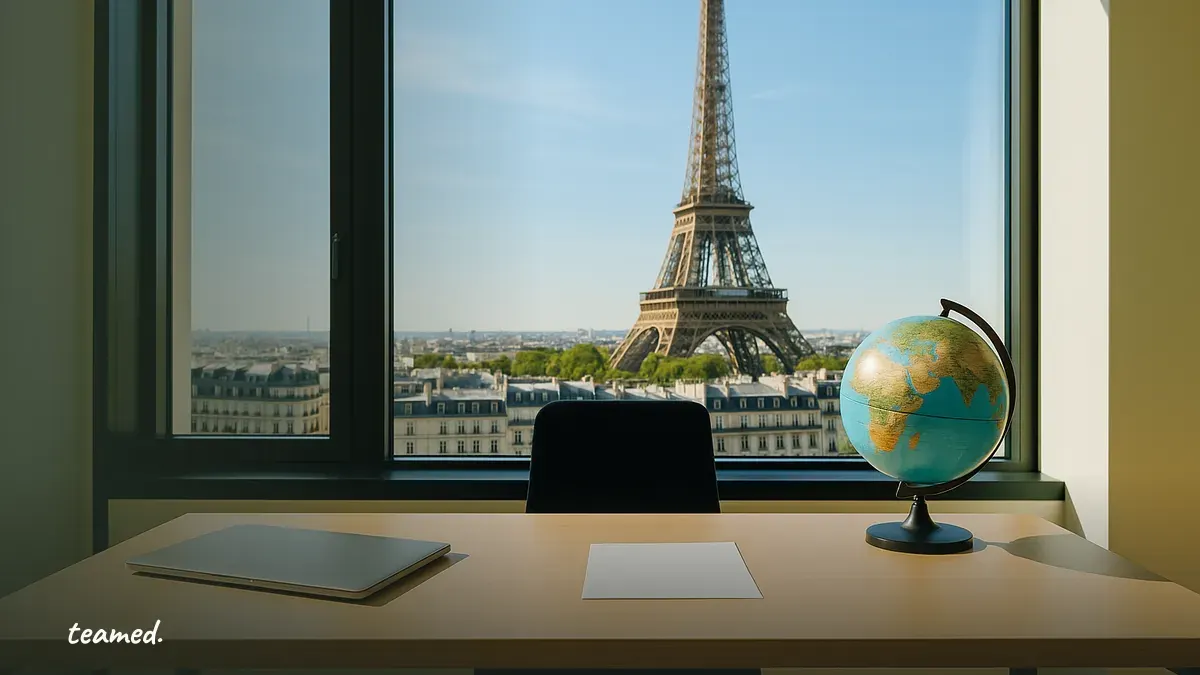 A modern office with a view of the Eiffel Tower, symbolizing the global employment landscape in France.