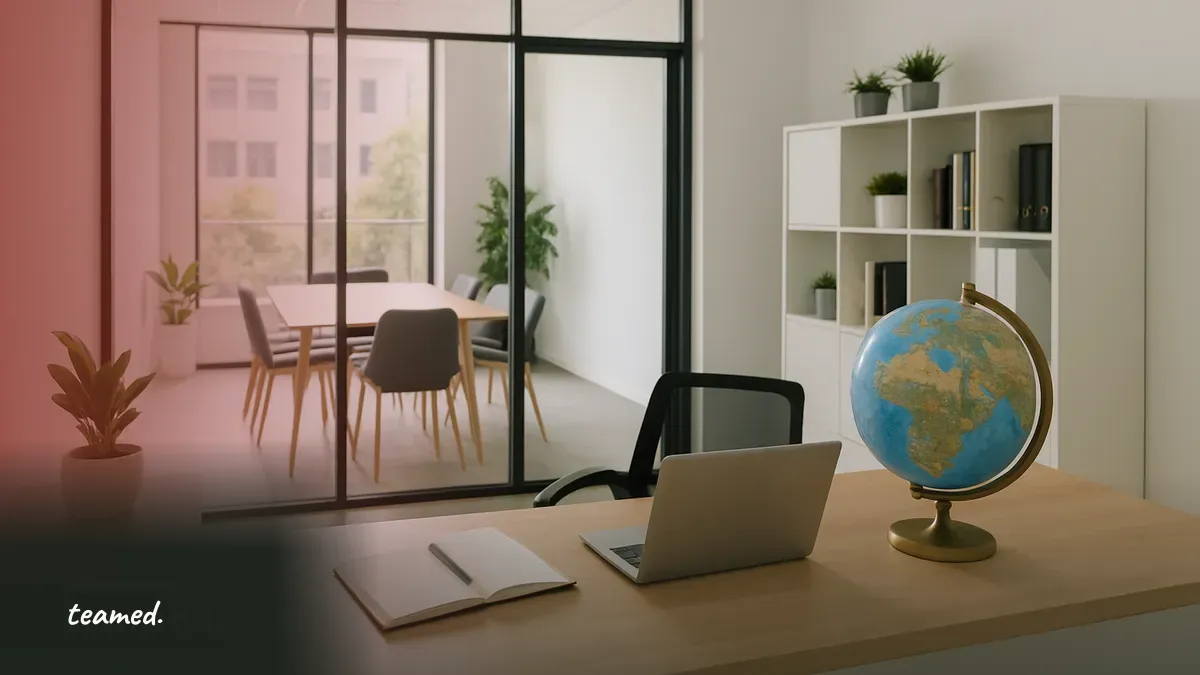 A clean office space featuring a globe and a bright meeting room, illustrating the concept of global employment and Employer of Record services.