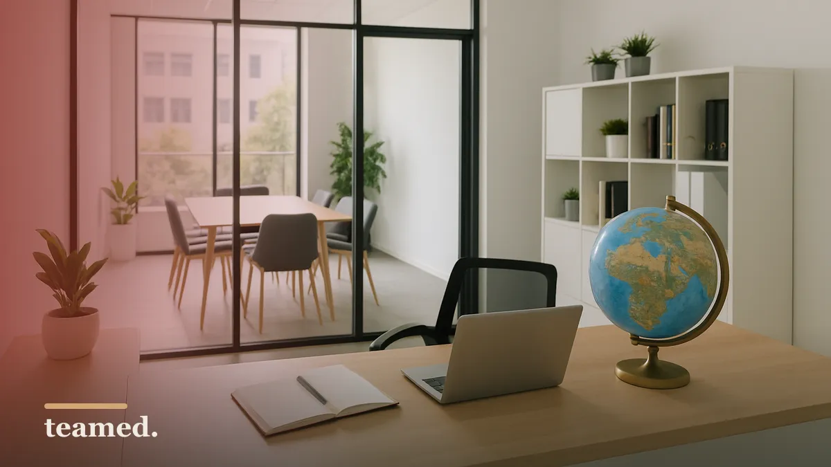 A clean office space featuring a globe and a bright meeting room, illustrating the concept of global employment and Employer of Record services.