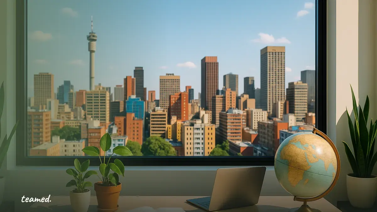 A modern workspace with a view of Johannesburg symbolizes global employment opportunities in Africa.