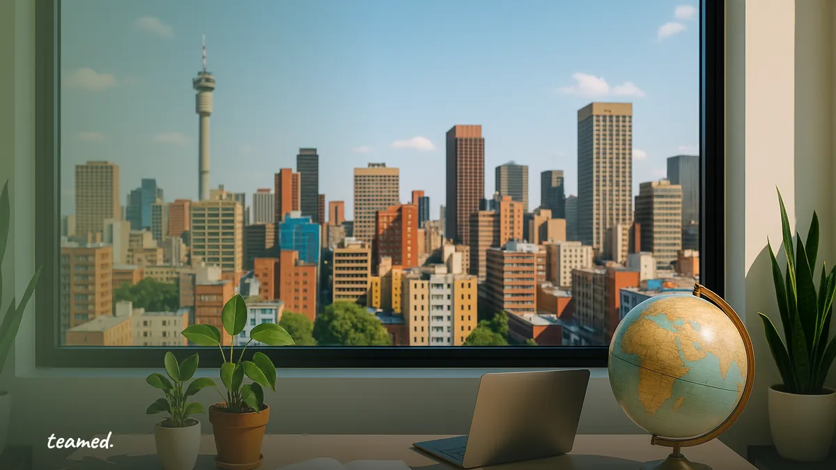A modern workspace with a view of Johannesburg symbolizes global employment opportunities in Africa.